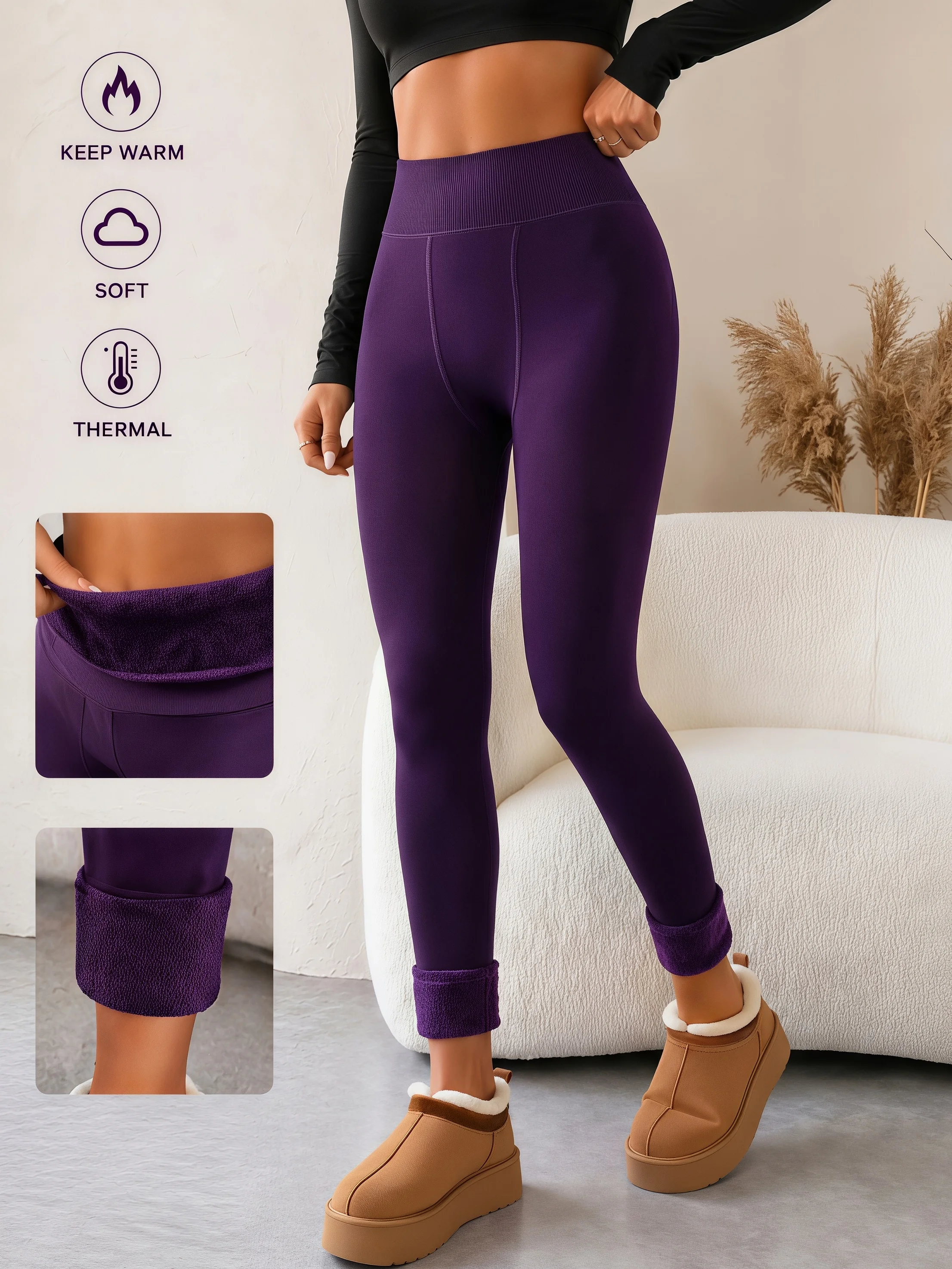 1er-Pack Lila Hochgeschnittene Fleece-Gefütterte Thermo-Leggings Weiche Dehnbare Warme Slim-Hosen für Kaltes Wetter Outdoor – Detail 4