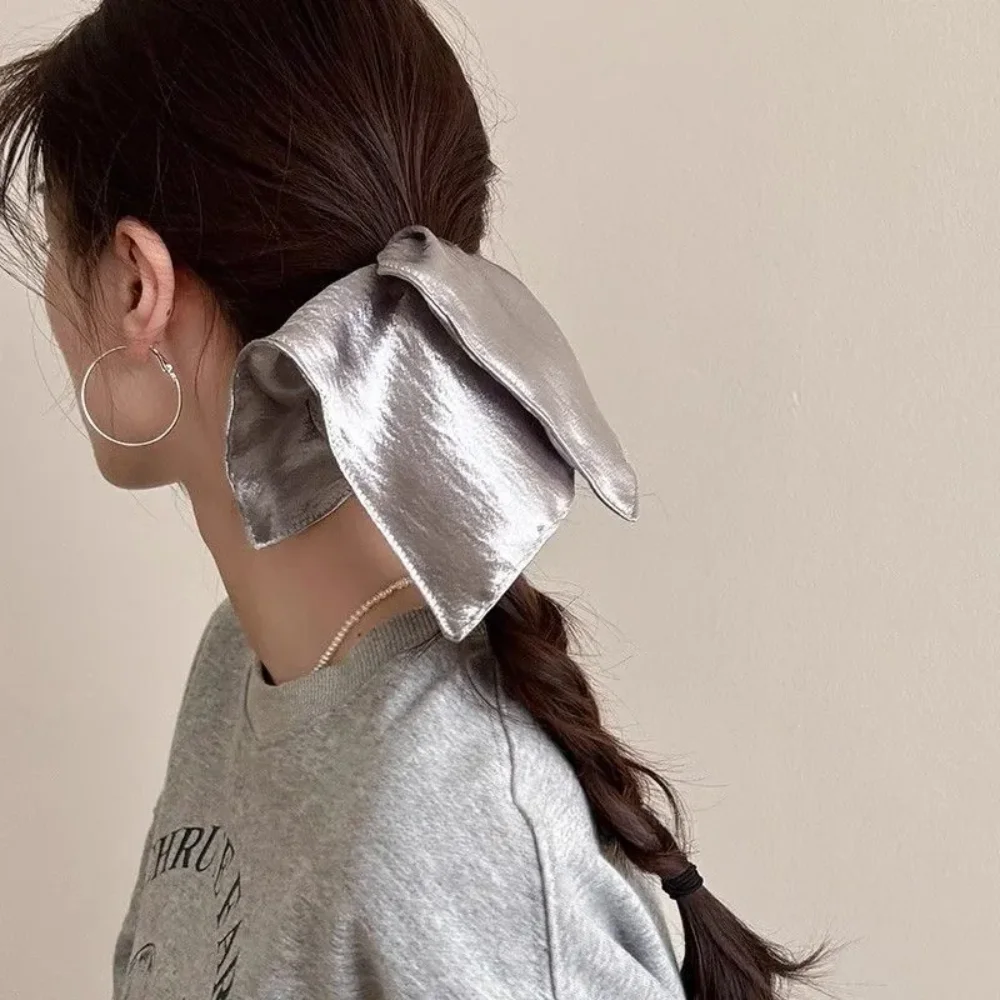 2025, koreanischer Stil, silberfarben, quadratisch, Haargummi, glänzender Stoff, übergroß, niedriger Pferdeschwanzhalter, Retro-Haarschmuck für Frauen