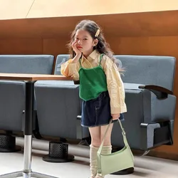 Girls Suit Spring and Summer New Korean Fashion Knitted Strap Solid Color Shirt Cowboy Skirt 3 Piece Set Kids Clothes