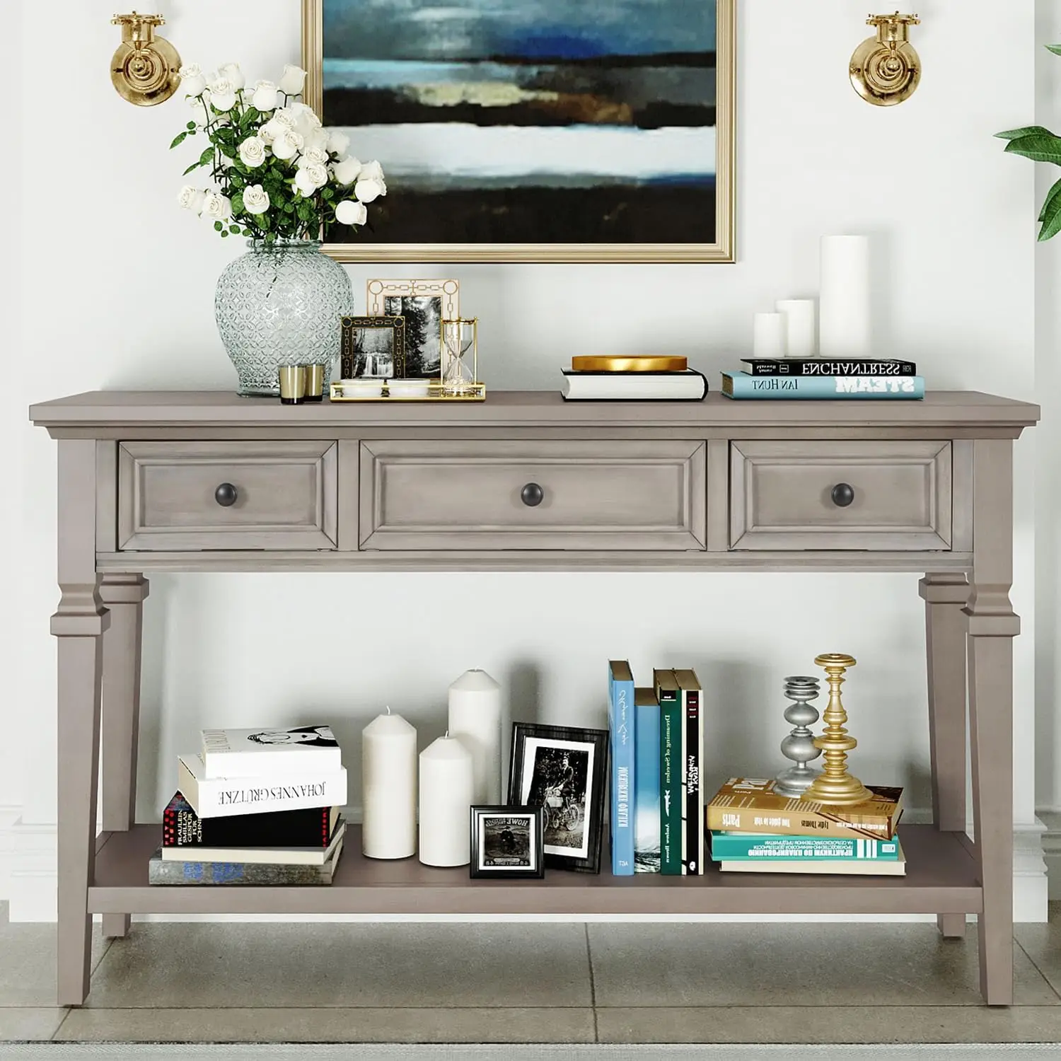 

50" Console Table with 3 Drawers,with Storage and Bottom Shelf,Narrow Long Sofa Table for Entryway,Living Room,Hallway-Gray Wash