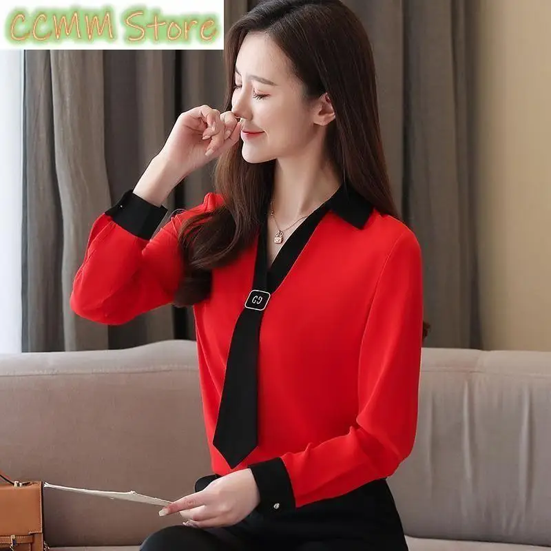 

Элегантная свободная шифоновая блузка с v-образным вырезом на шнуровке, женская одежда, осенние новые повседневные пуловеры, универсальная офисная женская рубашка