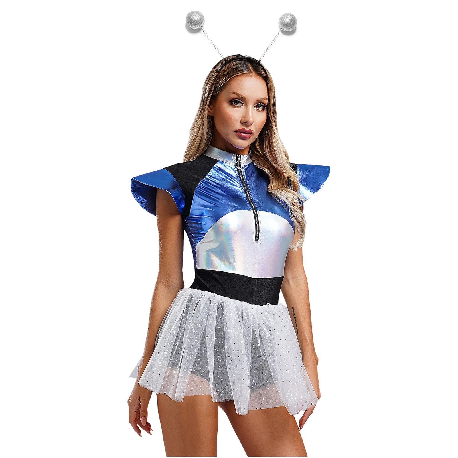 Women Halloween Alien Costume Flutter Sleeve Glossy Color Block Sequins Mesh Splicing A-line Dress with Alien Hairband Set