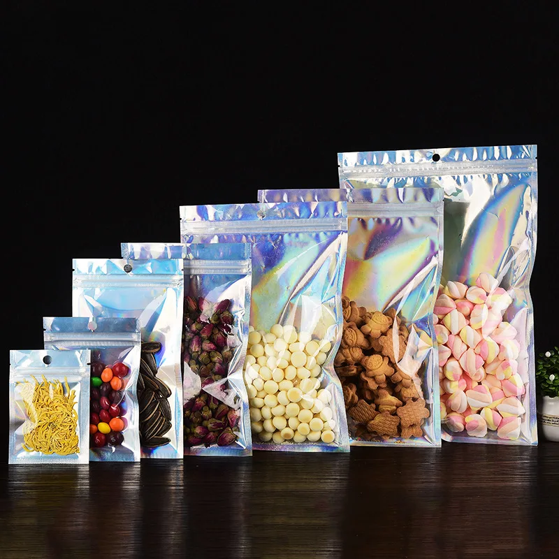 20pcs 8 Sizes Laser packaging bag Flat Bath Salt Cosmetic Bag One Side Clear Holographic Mini Aluminum Foil Zip Lock Bags Thick