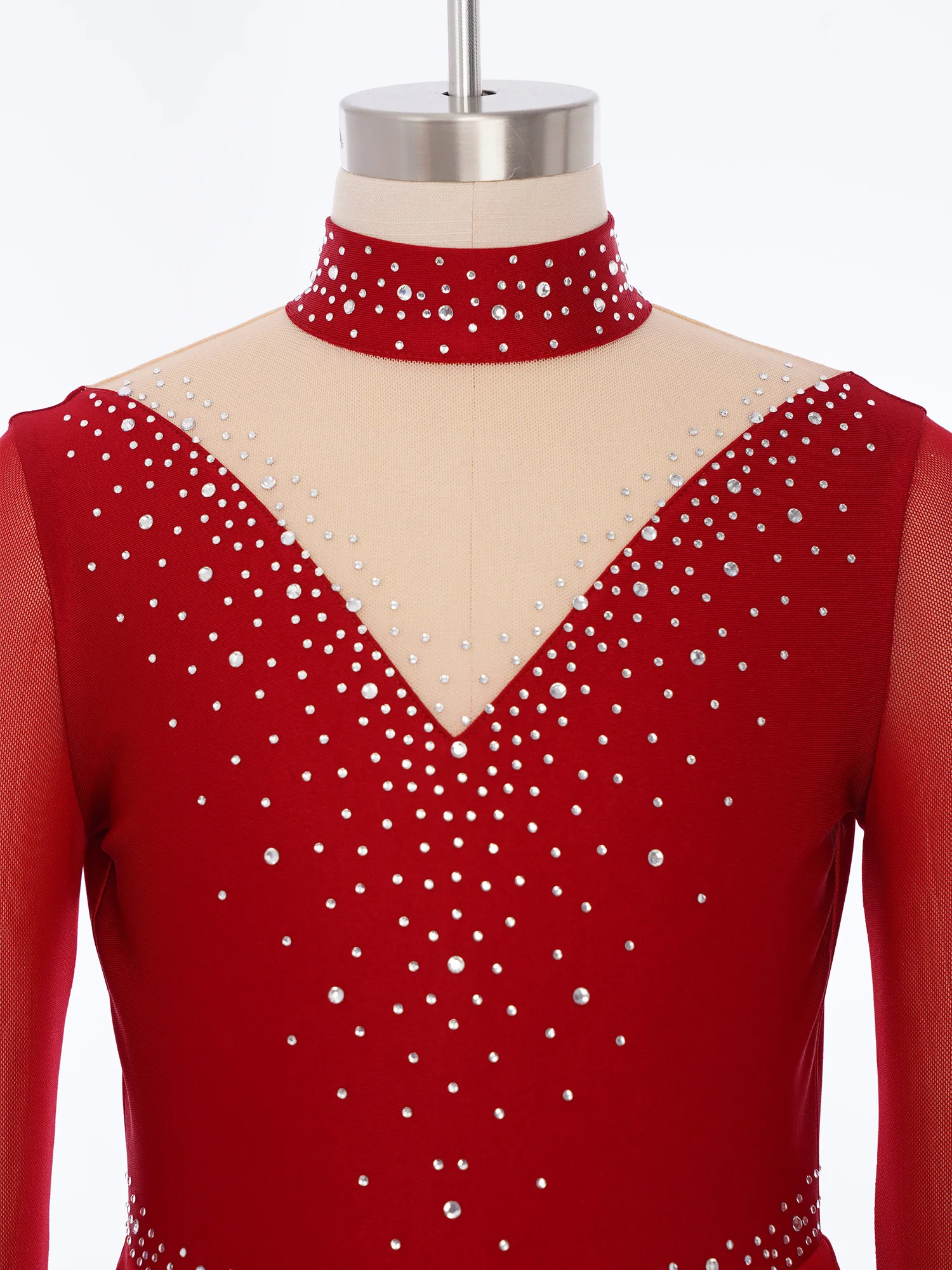Girls Figure Skating Gymnastics Leotard Shiny Rhinestones Long Sleeves Sheer Mesh Jumpsuit Ballet Dance Acrobatics Yoga Costume