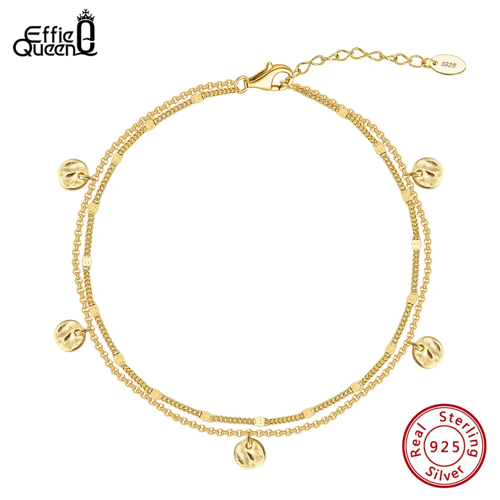 Effie Queen 925 Sterling Silver Anklet Dainty Double Chain with Round and Curb Chain Elongated Cable Chain Anklet for Women SA64