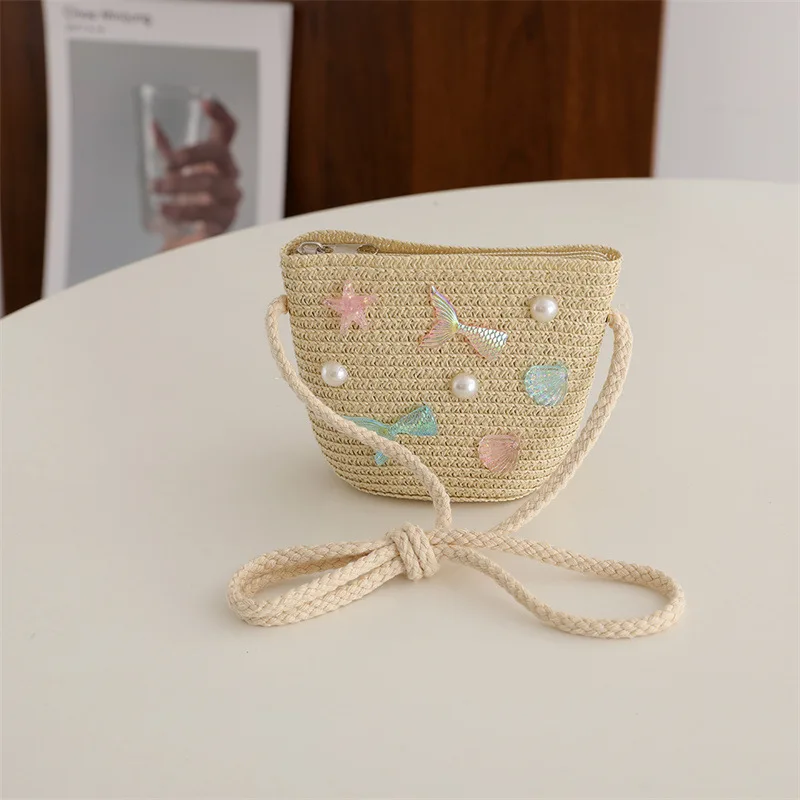 Children\'s Straw Woven Summer Crossbody Bag Cute Girl Coin Wallet Shoulder Bag Colorful Shells Fish Tail Zero Wallet Kids Gifts