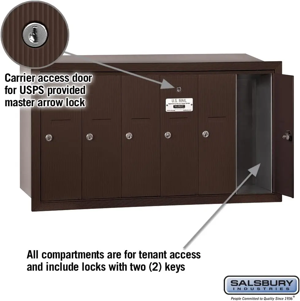 3506ZRU Recessed Mounted Vertical Mailbox with USPS Access and 6 Doors Bronze Doors include a 5 pin cylinder cam lock