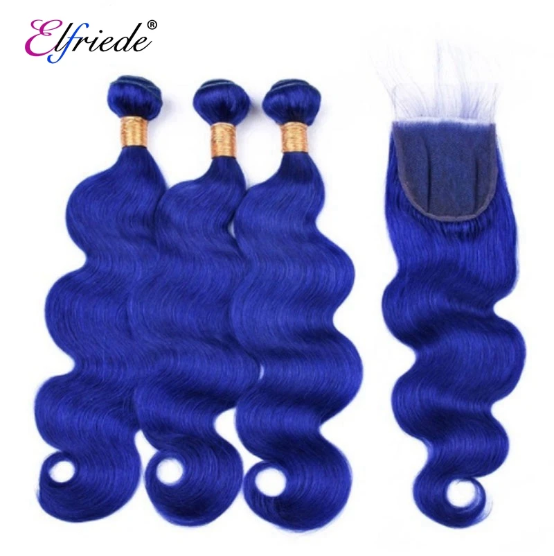 Elfriade-extensiones de cabello humano ondulado, mechones de pelo brasileño Remy con cierre de encaje 4x4, color azul 100%, 3 uds.