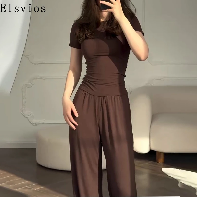 

Retro Women Short Sleeve Blouse Tops&Long Pants Outfits Spring Casual Solid Color Two Piece Suit Fashion O Neck Slim 2025 Sets