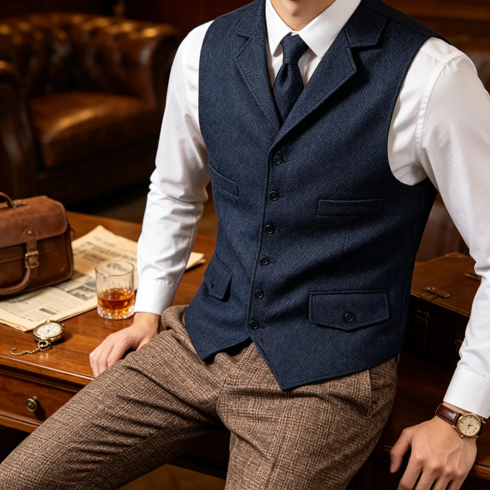 Formal Vest Waistcoat - เสื้อกั๊กผู้ชายลายก้างปลา แบบกระดุมแถวเดียว มีกระเป๋าจริง เสื้อกั๊กทวีดสำหรับธุรกิจ งานแต่งงาน และเพื่อนเจ้าบ่าว