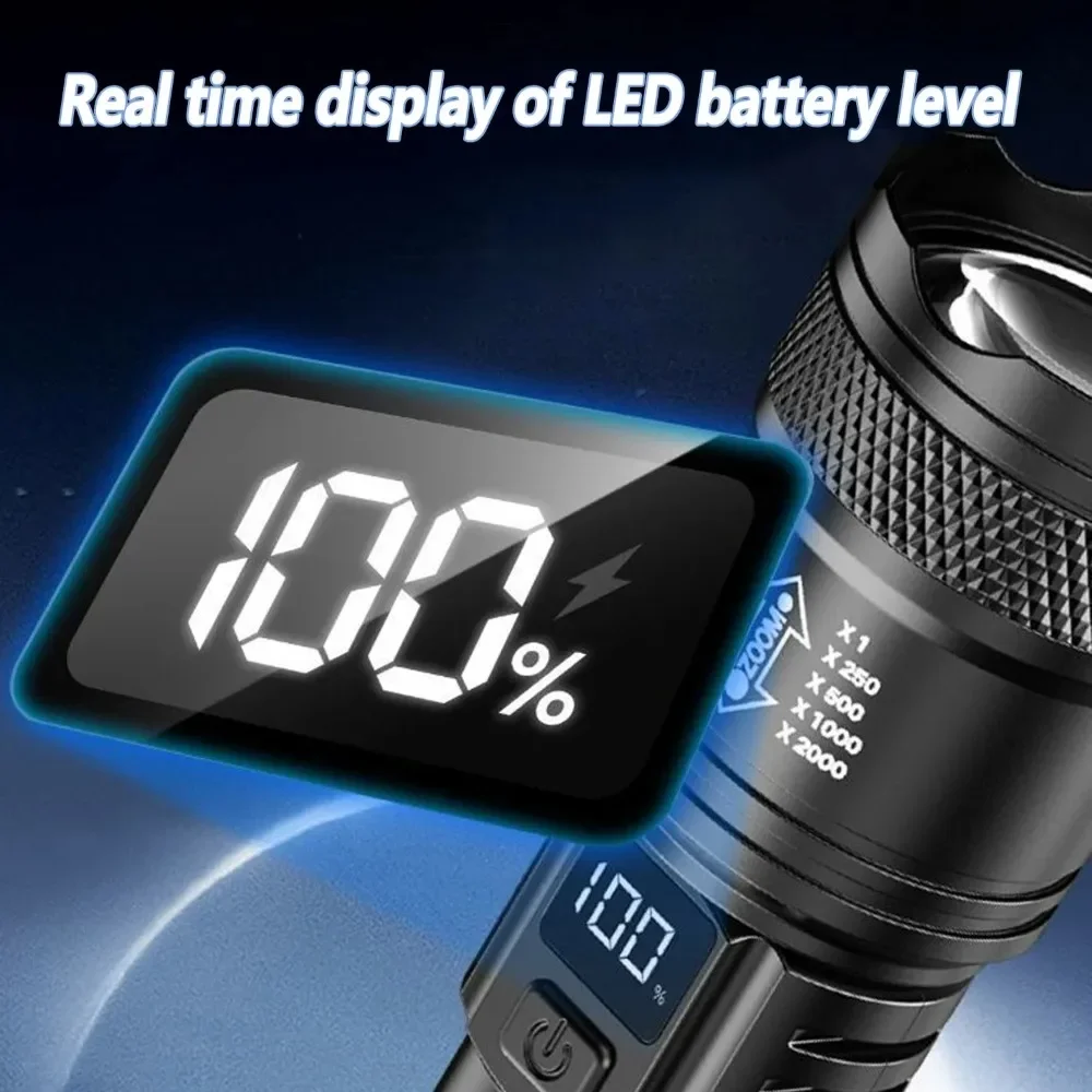 LED مصباح يدوي زوومابلي USB الشعلة القابلة لإعادة الشحن مع شاشة LCD 3 أوضاع مقاوم للماء عالية الطاقة ضوء اليد للتخييم في الهواء الطلق