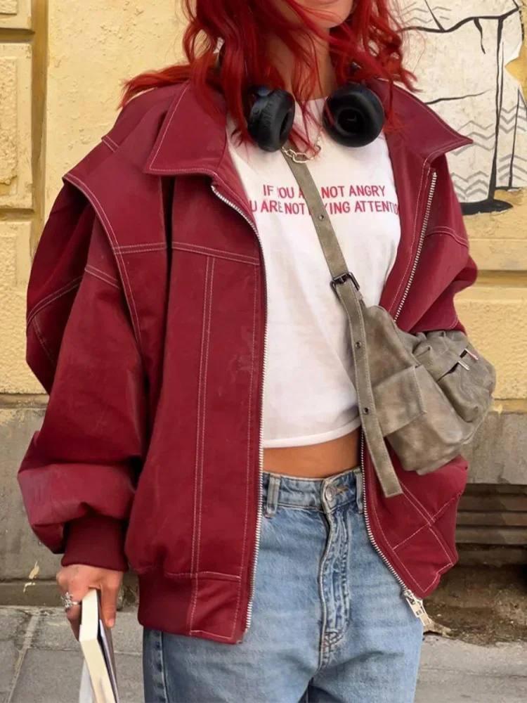 Frauen Wein rot Reiß verschluss Lederjacke lässig Langarm Revers kurz geschnittenen Mantel Vintage Herbst Mode Oberbekleidung