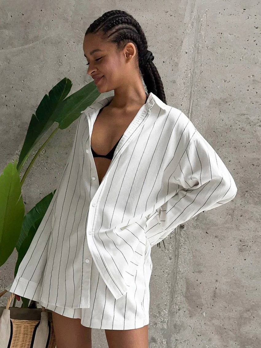 Marthaqiqi Striped Women Nightgowns Set Long Sleeve Pajama Turn-Down Collar Sleepwear Shorts Loose Ladies Nightwear 2 Piece Suit