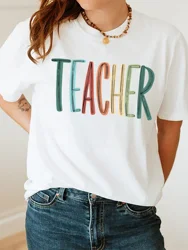 Teacher Print Crew Neck T-shirt, Short Sleeve Casual Top For Spring & Summer, Women's Clothing