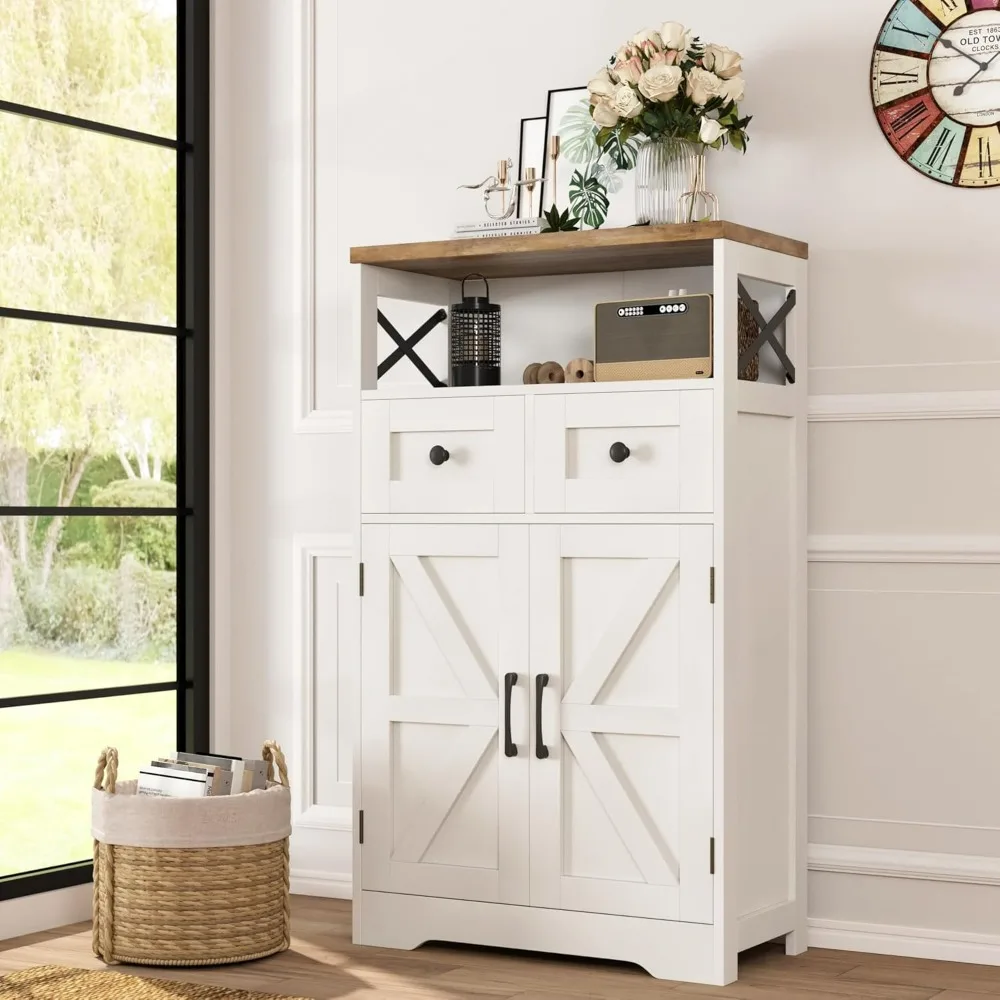 

Farmhouse White Storage Cabinet with Doors and Drawers, Freestanding Kitchen Pantry Cabinet,Floor Storage Cabinet Hutch Cupboard