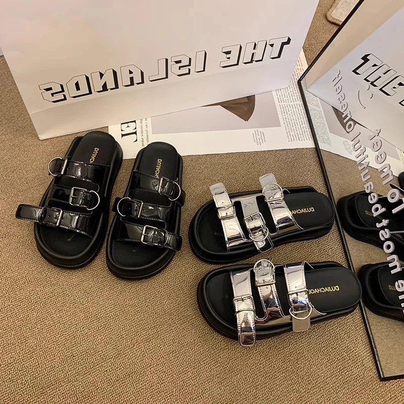 Women\'s Shoes Silver Female Slippers Slides Platform Fashion Med 2024 Summer Beach Flat Luxury Rome Scandals PU Shoes Slippers C