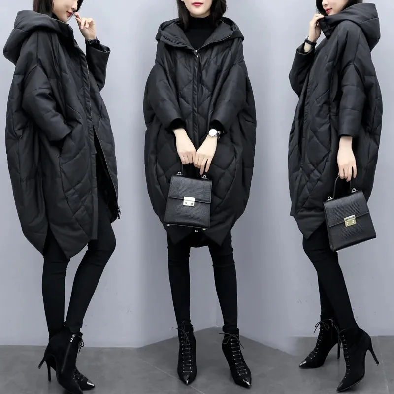 Cocoon-type Cotton Padded Jacket Nice Pop Winter Jackets Mid-length Parkas Coat Female Loose Pu Leather Cloak Outerwear Black