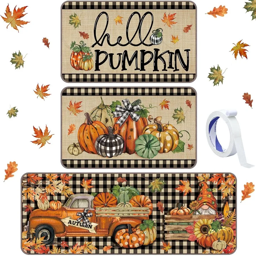 

3 Pcs Fall Kitchen Rug and Mat Sets Pumpkin Gnome Buffalo Plaid Floor Mats AntiFatigue Autumn Doormat Waterproof Farmhouse Fall
