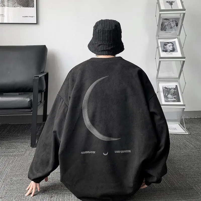 Свитшот мужской/женский, простой пуловер оверсайз с графическим изображением двигающейся Луны, корейский стиль, мужские топы с круглым вырезом и надписью, 2023