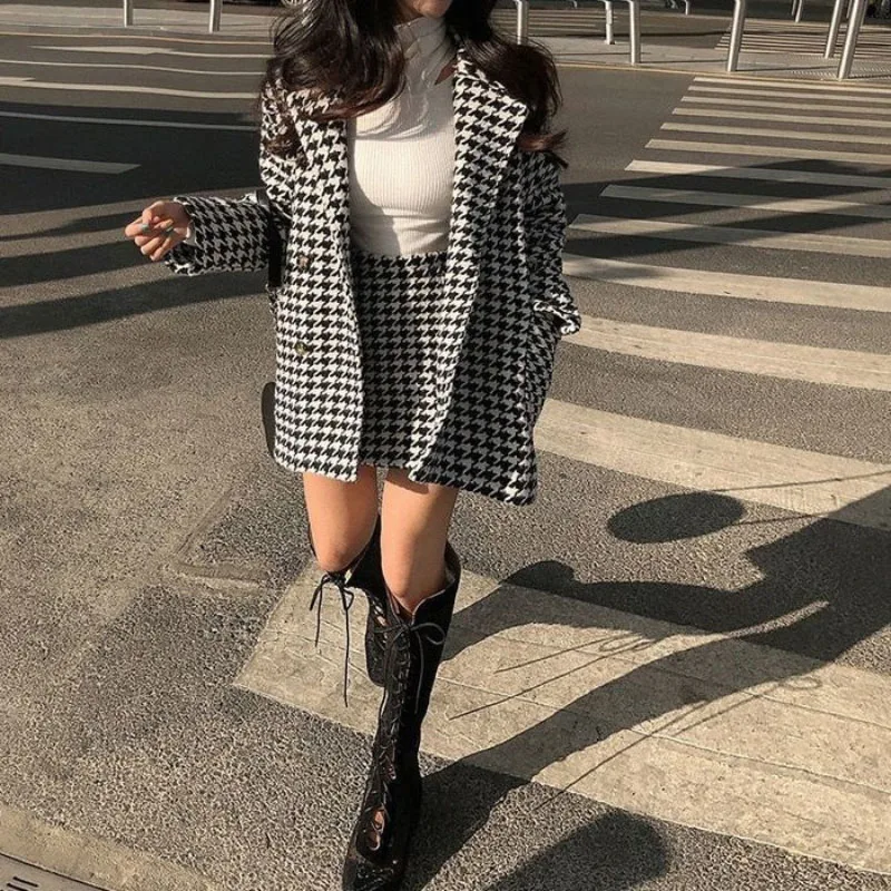 Spring Autumn 2024 New Houndstooth Suit Women\'s Fashion Loose Double-Breasted Cotton Woolen Coat+High Waist Skirt Two-Piece Suit