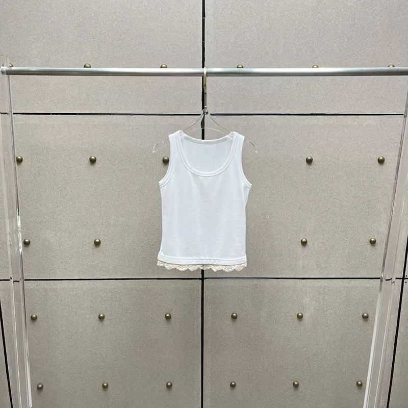 

Женская майка в рубчик с кружевной отделкой, футболка без рукавов с круглым вырезом, топ премиум-класса для пригородных поездок, 2025, новое поступление, стиль Y2K