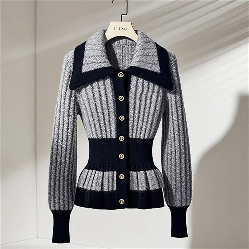 Design Sense Patchwork Wool Sweater Women Autumn Winter Stylish Contrasting Cashmere Cardigan Slim Waist Soft Knitwear Chic 036H