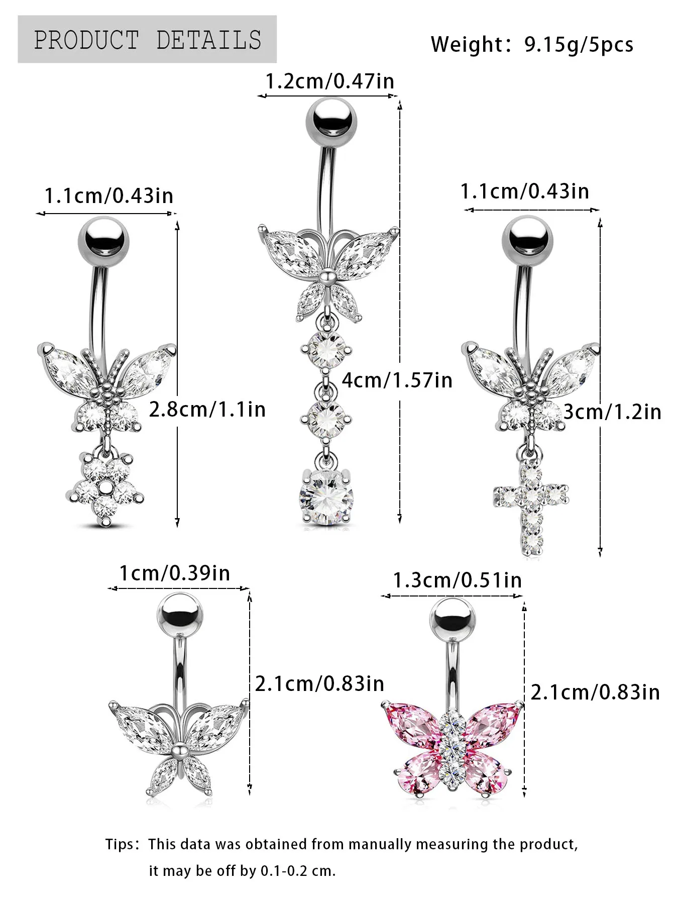 Butterfly Dangle Belly Button Ring Surgical Steel Navel Rings Pink Zircon Umbilical Ring Hypoallergenic Tummy Ring  Piercing