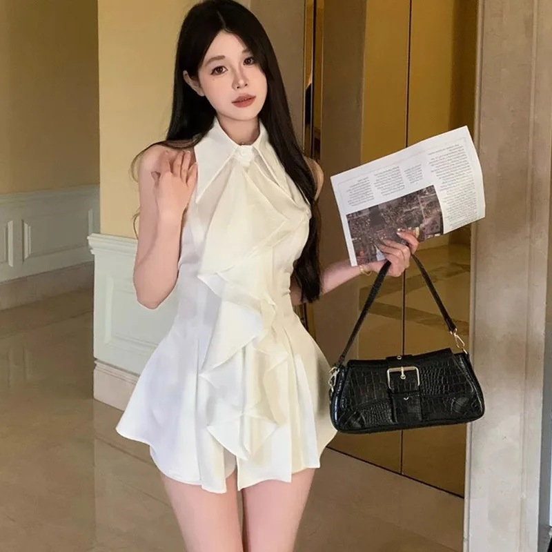 

2025 Ruffled Sleeveless Blouse White Top Women's Summer French Elegant Lady Medium Length Slim Tank Shirt Solid Color