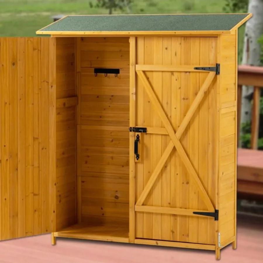 

Outdoor Storage Shed with Lockable Door Wooden Tool Storage Shed with Detachable Shelves and Pitch Roof Natural
