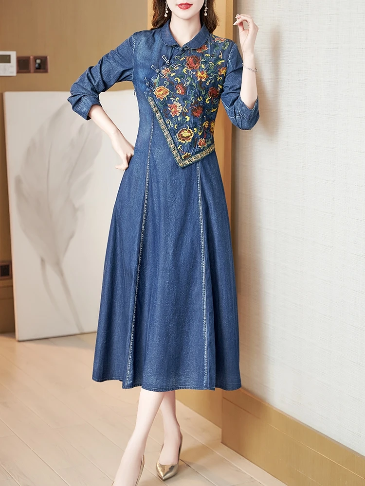 

TIYIHAILEY Free Shipping A-line Women Long Mid-Calf Full Sleeve Denim Spring Dresses M-4XL Chinese Style Embroidery Cheongsam