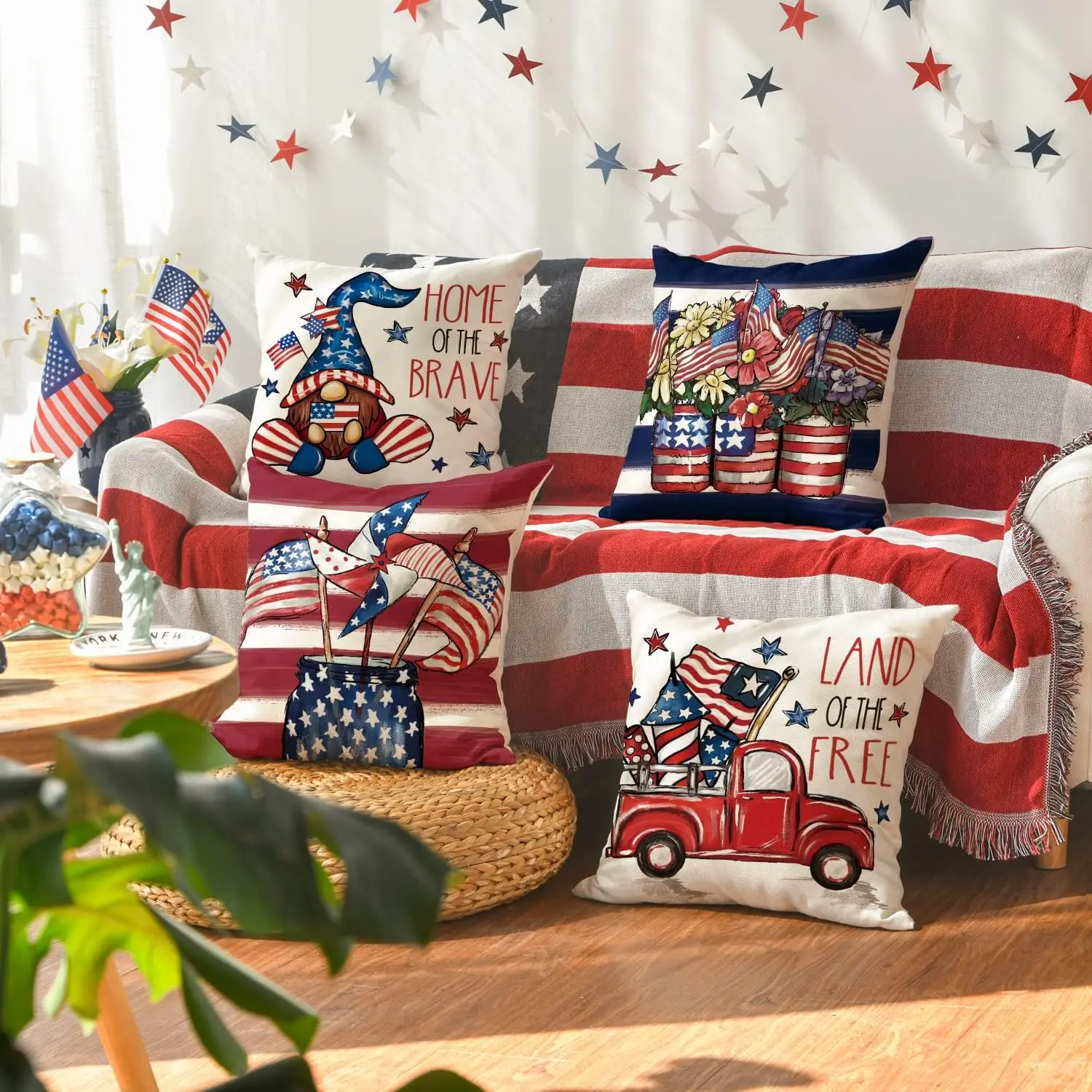 Set of 4 Patriotic Throw Pillow Covers American Flag USA Farmhouse Home Decor Cushion Set Gifts for Holiday Celebration