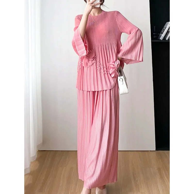 YUDX Miyake Pleated 2 Pieces Set Women Beading Full Flare Sleeve Loose 3D Flowers Top + Wide Leg Trousers New 2024 Spring