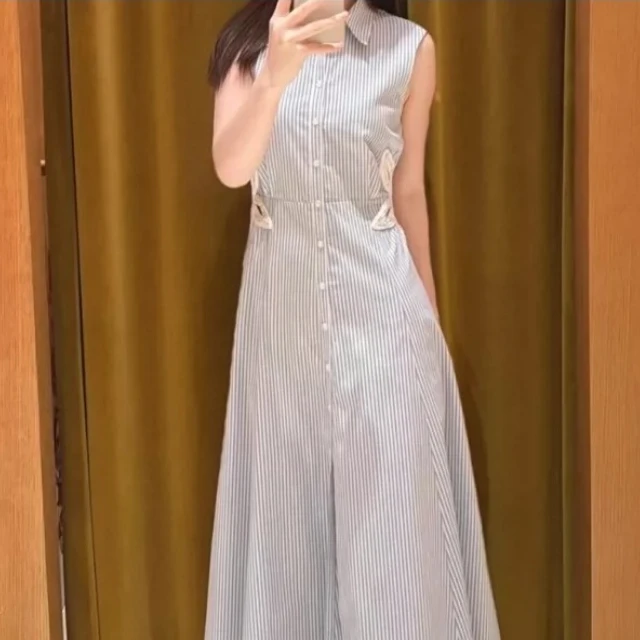 

Women's blue striped slim dress hollow diamond design elegant midi robe