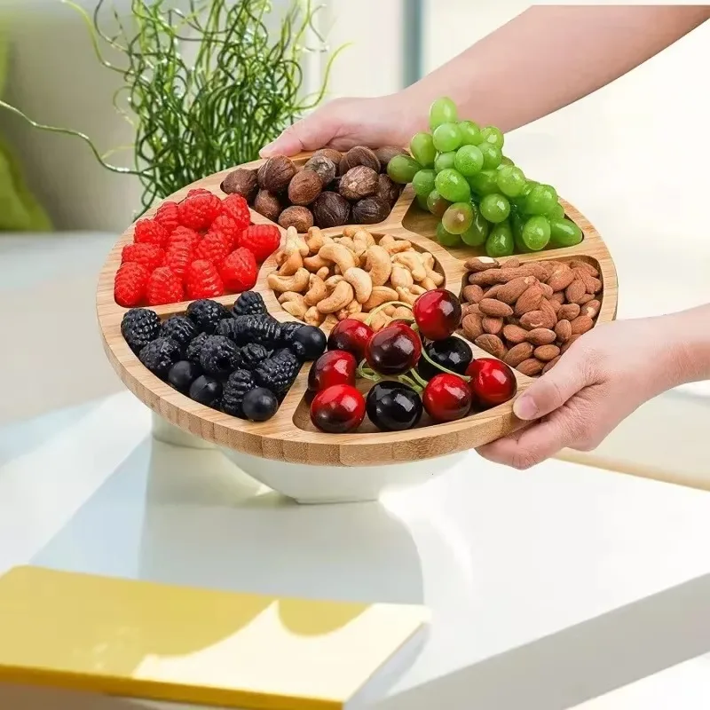 

for Snacks Fruits Nuts Wooden Plate with Dividers Bamboo Fruit Tray Round Five Compartment Fruit Plate