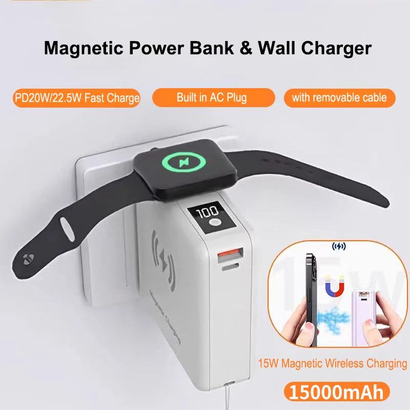

15000mAh Magsafe Power Bank Wall Charger Magnetic Wireless USB C PD 22.5W Fast Charger For iPhone 16 15 iWatch Macbook Powerbank
