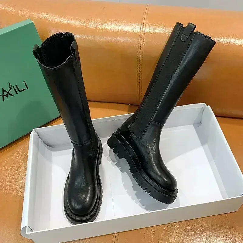 Damen Hohe Stiefel Mode Rutschfeste Wasserdichte Winter-Reißverschluss PU-Leder Kniehohe Stiefel Damen Klobige Plateau-Langstiefel – Detail 7