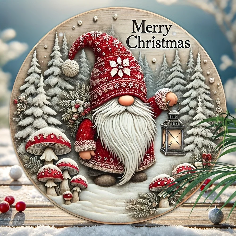 Christmas Gnome Wreath Sign, Manufactured Wood, Wall Hanging, Multipurpose Decor, English Inscription