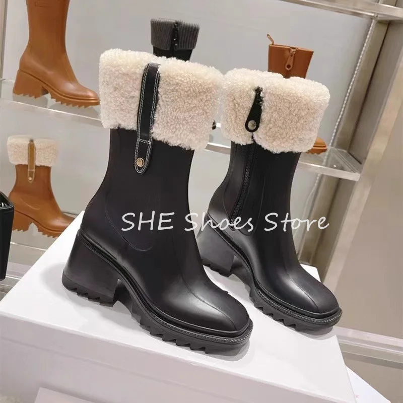 Winter Warm Wool Splicing Leather Shoes Women Snow Boots Retro Round Toe Chunky Heel Knight Boots Ladies Casual Mid-Calf Boots