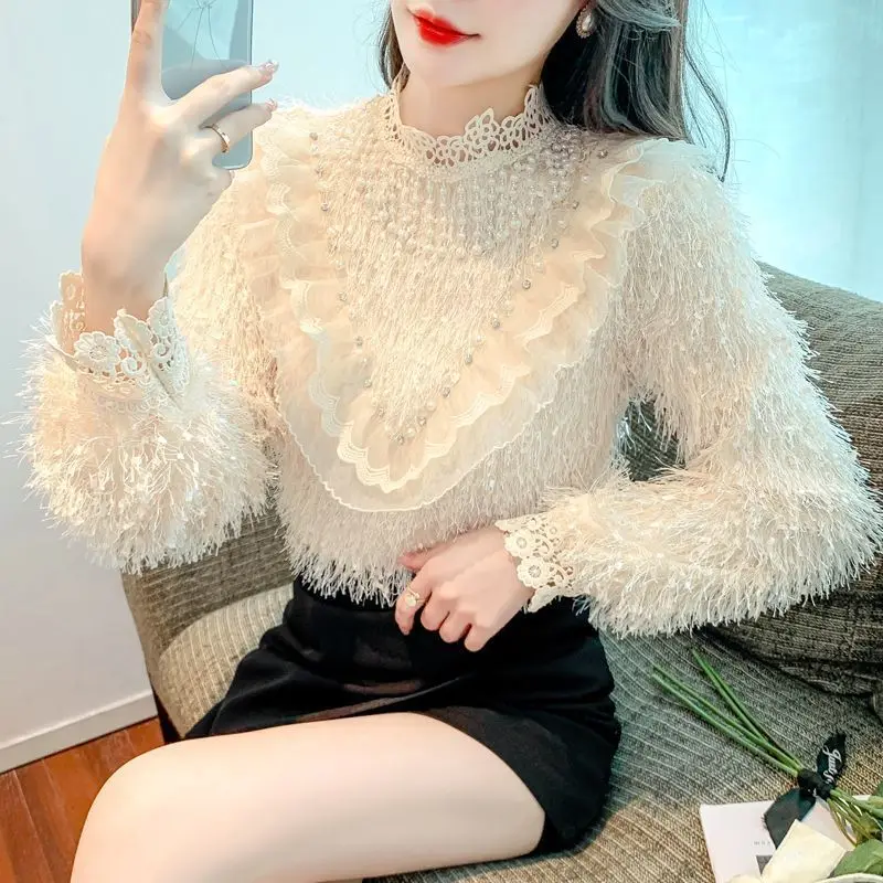 Top de encaje con cuello levantado y manga larga gruesa para mujer, camisa de terciopelo de seda con diamantes de lujo, Otoño Invierno TT754