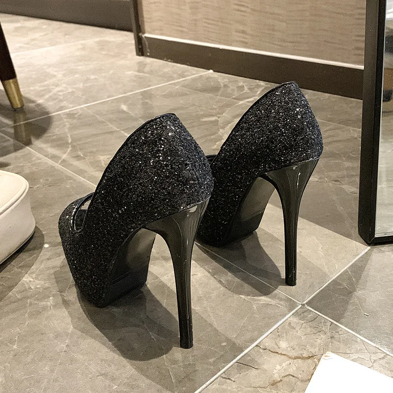 10/12/14cm Super High Heels Women Pumps 2024 Autumn Fashion Sequined Cloth Peep Toe Shoes Black Platform Sexy Ladies Party Dress