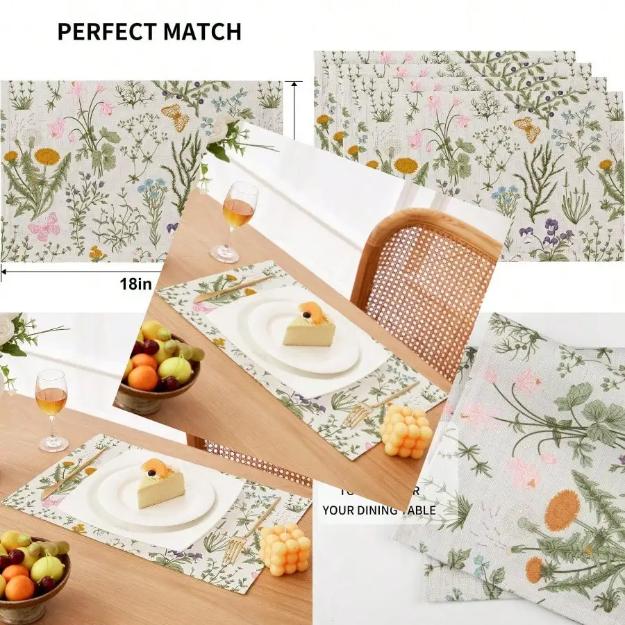 4-Piece 12x18 Inch Boho Linen Floral Placemats: Washable, Farmhouse Rustic Style for Kitchen, Party Table Décor.