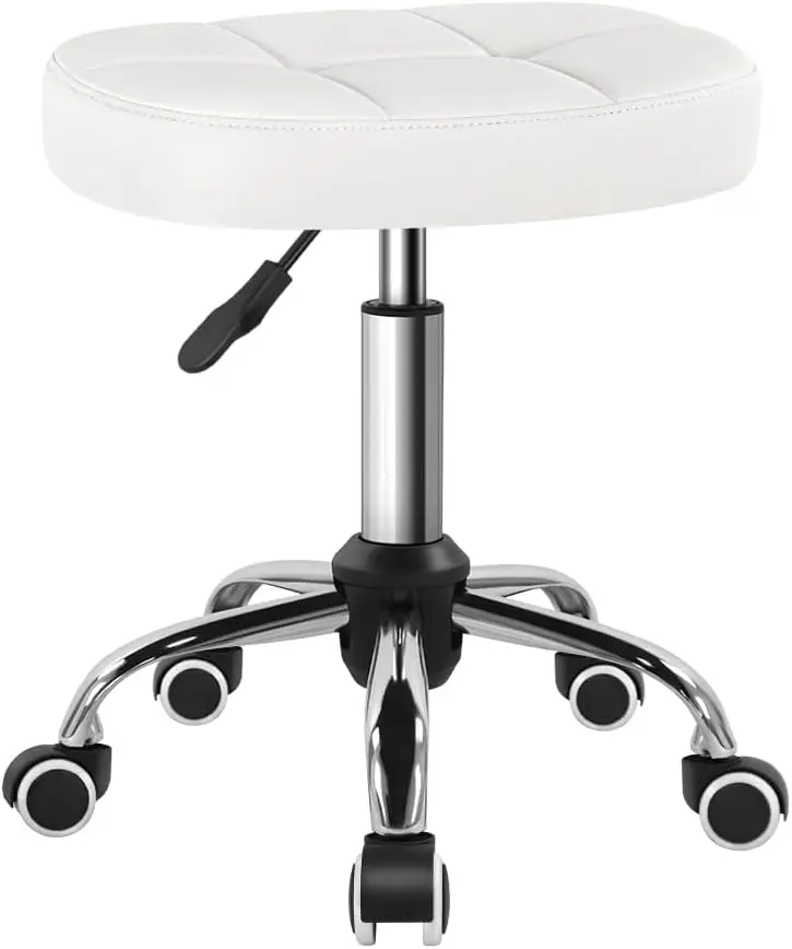 White Minimalist Square Swivel Stool with Wheel Perfect for Work SPA Shop Massage Height-Adjustable and Cost-Effective Rolling