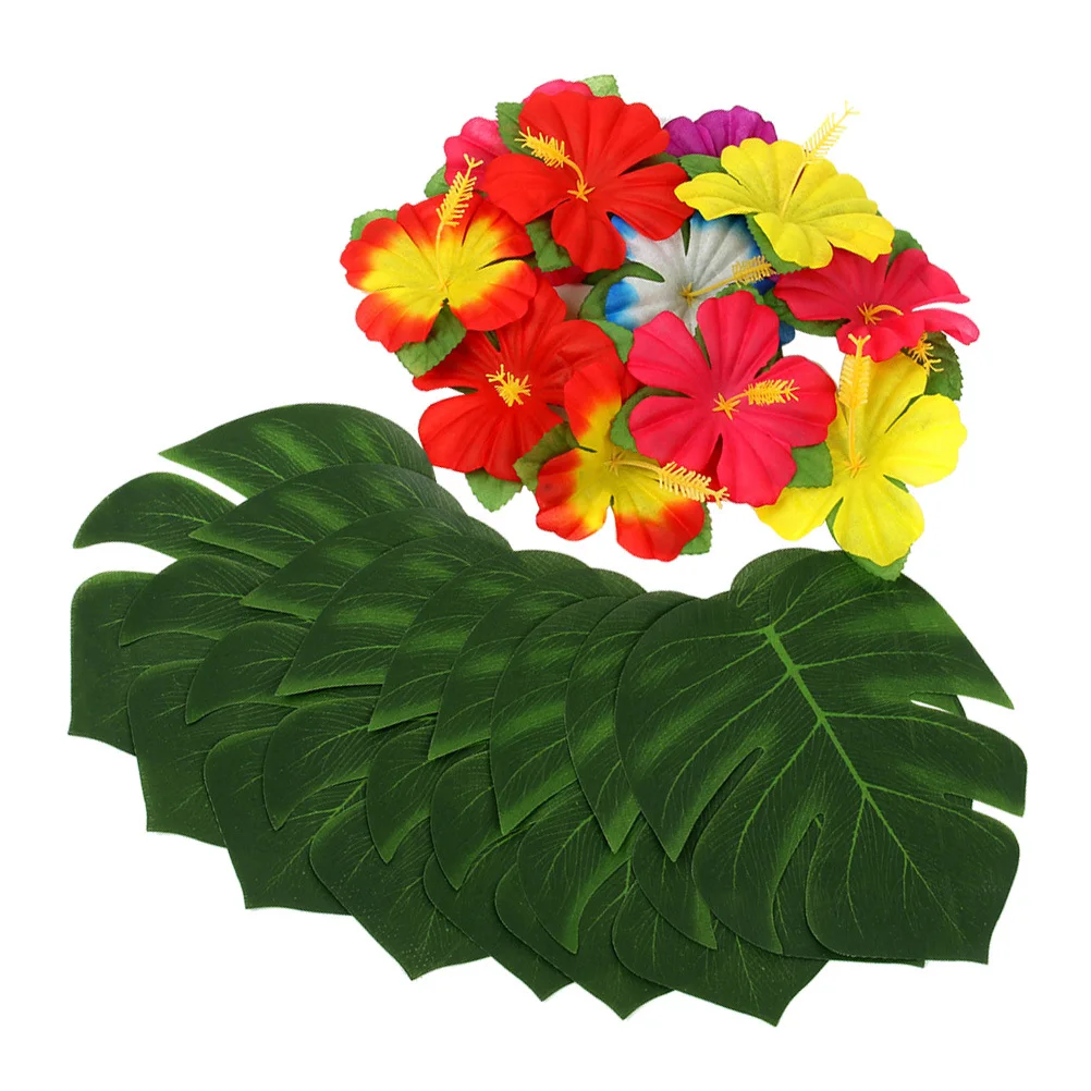 

48Pcs Hawaiian Party Decorations Simulation Monstera 8 Inches Hibiscus Flowers Set Luau Garden Balcony Party