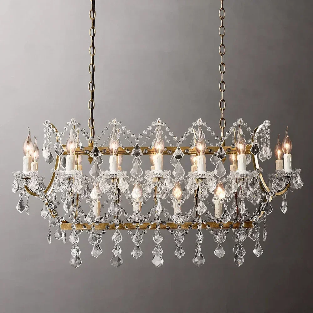 

American Vintage Crystal Candle Rectangular Chandelier Brass Candle Chandelier Lighting LED Modern Dining Room Light