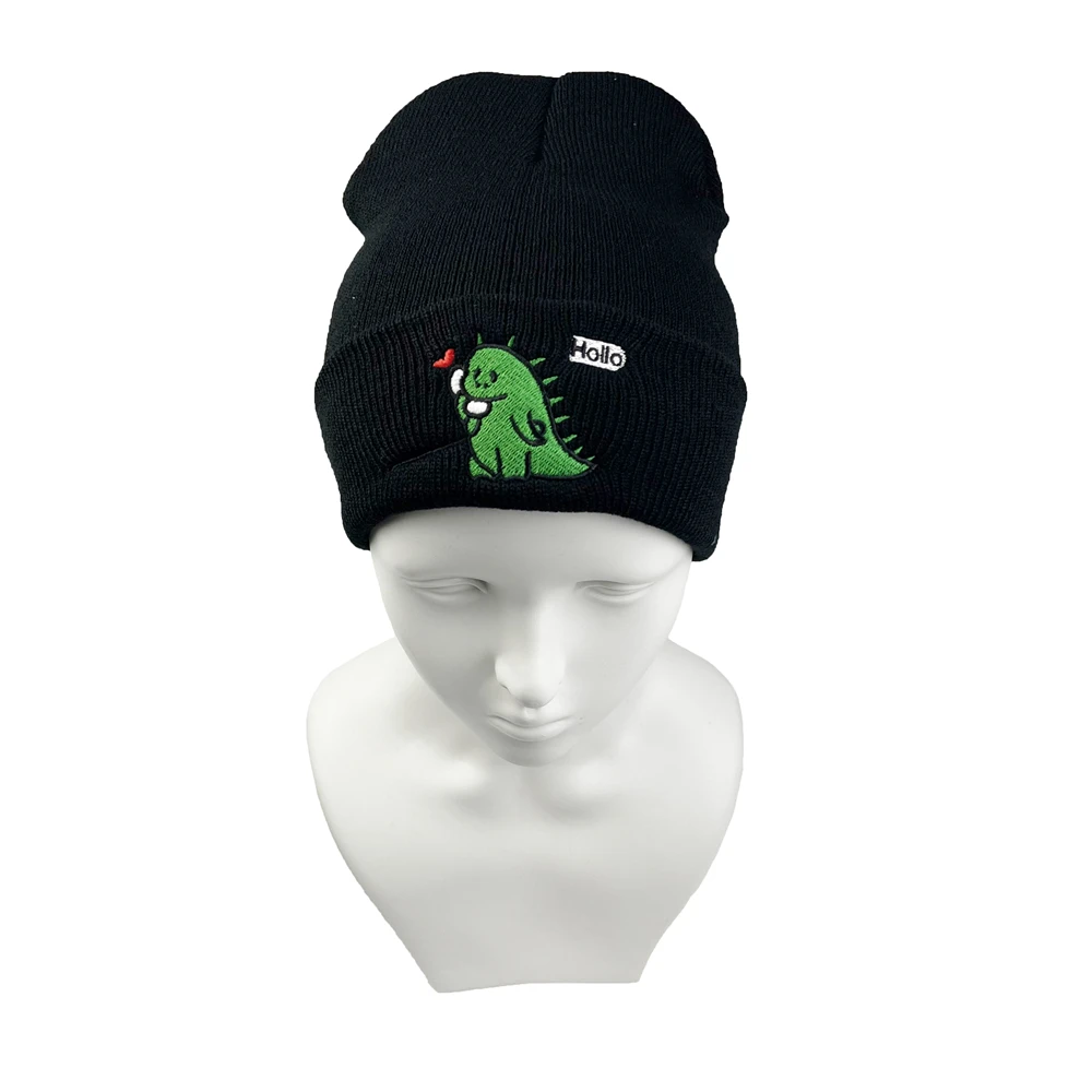 Autunno inverno Outdoor Cartoon dinosauri Hi Hello ricamo cappello lavorato a maglia uomo donna berretto Hip-Hop coppie divertenti cappelli Beanie