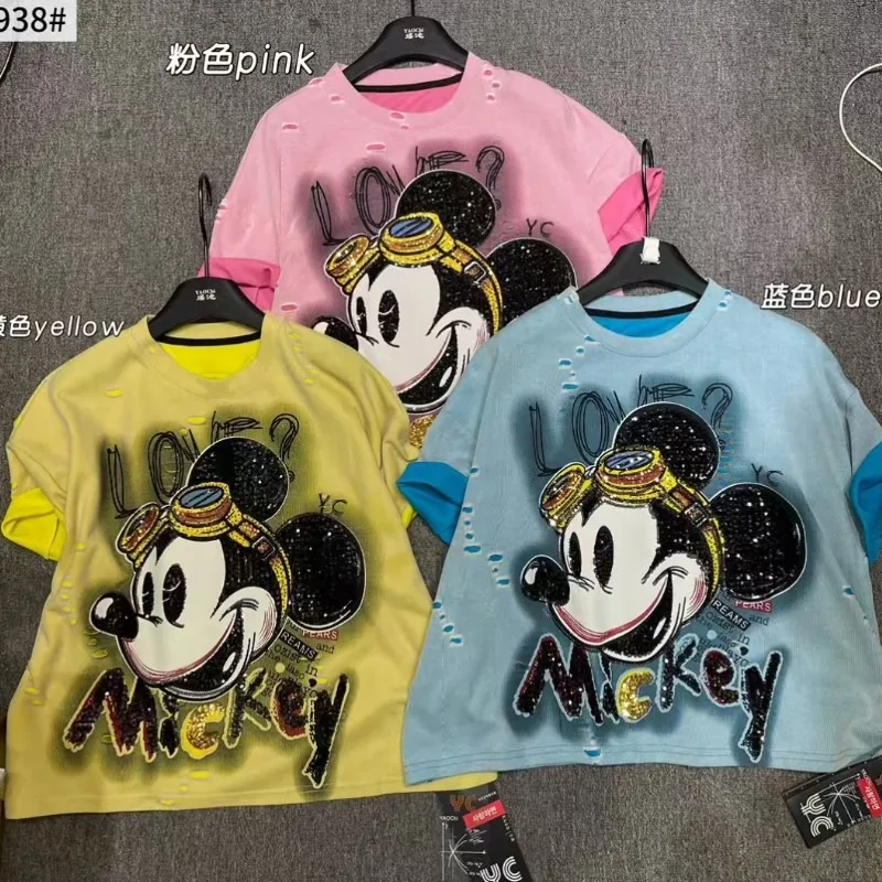 European Style Kawaii T-shirt Heavy Industry Sequins Cartoon Beads Embroidered Short-sleeved Tshirts Loose Versatile Women's Top