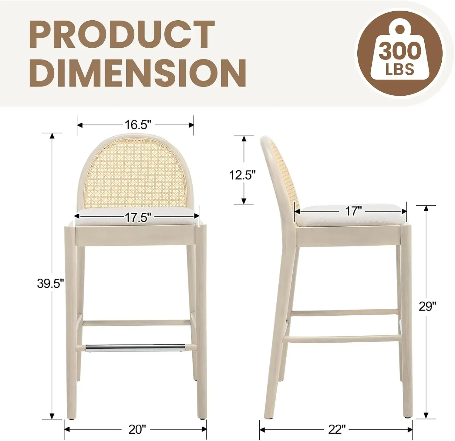 Modern Linen Bar Stools Set of 2, 29 Inches Bar Height Barstools with Rattan Back Vintage White Frame, Upholstered Kitchen Islan