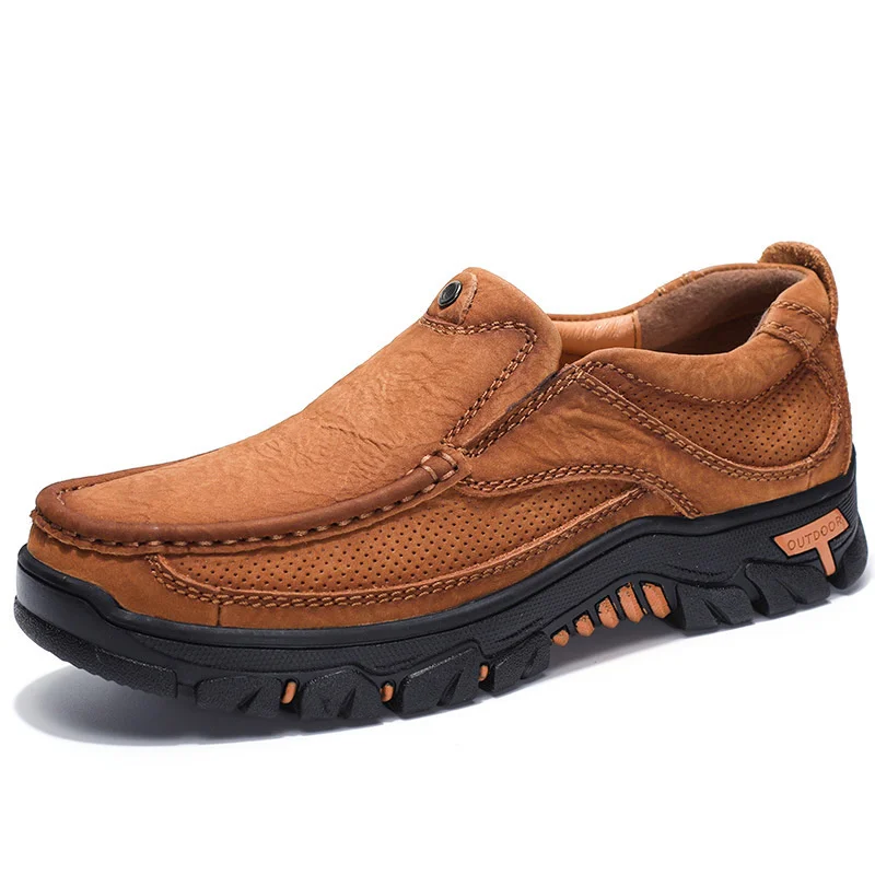

Big Size 48 Men Casual Leather Shoes Outdoor Hollow Leisure Soft Sole Mountaineering Middle-aged Slip-On High Quality Oxford