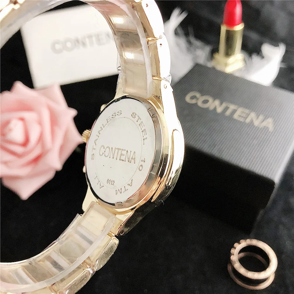 CONTENA Brand Women\'s Watch Luxury Crystal Gold White Quartz Wristwatch for Women Fashion Elegant Female Clock Relogio Feminino