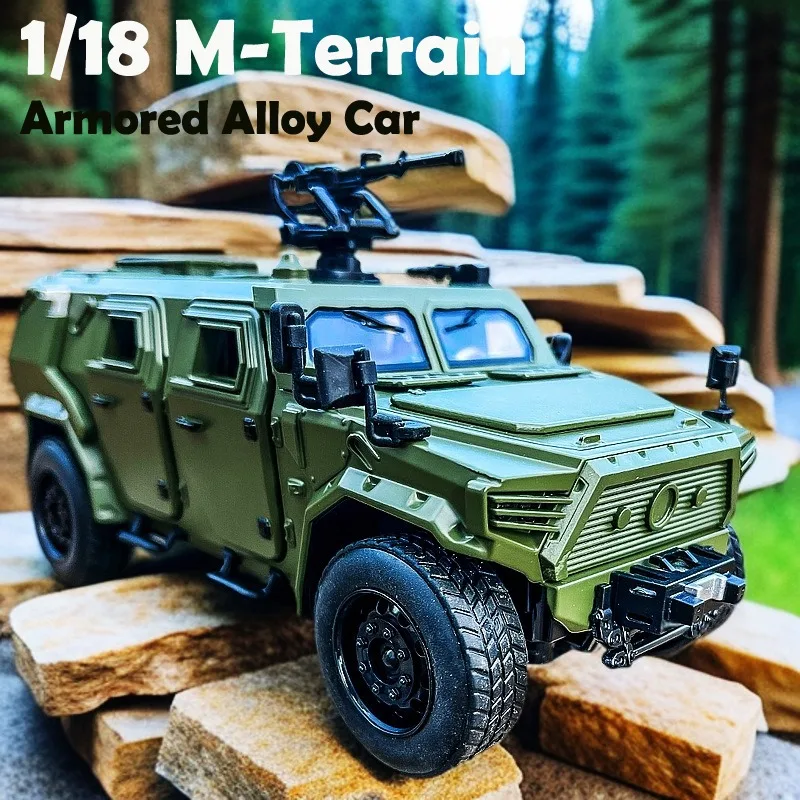 Simulation 1/18 M-Terrain Armored Alloy Car Model Pull Back Sound and Light Simulation Diecast Off-road Vehicle Toy Boy Gift